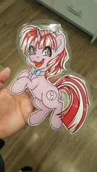 Size: 5312x2988 | Tagged: safe, artist:inkkeystudios, oc, oc only, pony, unicorn, :3, badge, bowtie, looking at you, open mouth, open smile, photo, smiling, solo, traditional art