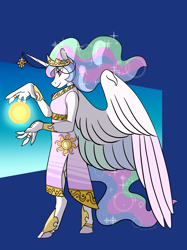 Size: 1280x1710 | Tagged: safe, artist:animalstamp, part of a set, princess celestia, anthro, unguligrade anthro, g4, clothes, female, profile, solo, spread wings, standing, sun, wings