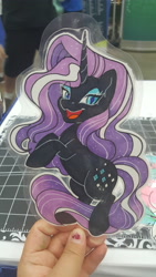 Size: 5312x2988 | Tagged: safe, artist:inkkeystudios, nightmare rarity, pony, unicorn, g4, badge, eye clipping through hair, lidded eyes, looking at you, open mouth, open smile, photo, smiling, solo, traditional art