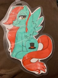 Size: 3024x4032 | Tagged: safe, artist:inkkeystudios, oc, oc only, pony, badge, hair over one eye, lidded eyes, looking at you, photo, sitting, smiling, solo, spread wings, traditional art, wings