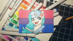 Size: 1205x678 | Tagged: safe, artist:inkkeystudios, oc, oc only, pony, seapony (g4), unicorn, lesbian pride flag, looking at you, open mouth, open smile, photo, pride, pride flag, smiling, solo, traditional art