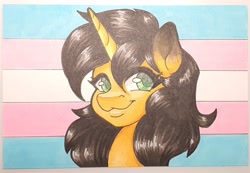 Size: 2154x1491 | Tagged: safe, artist:inkkeystudios, oc, oc only, pony, unicorn, :3, looking at you, photo, pride, pride flag, smiling, solo, traditional art, transgender pride flag