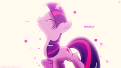 Size: 1920x1080 | Tagged: safe, artist:drakesparkle44, artist:mihaaaa, edit, twilight sparkle, pony, unicorn, g4, circle, eyes closed, female, mare, raised leg, simple background, smiling, solo, unicorn twilight, wallpaper, wallpaper edit, watermark, white background