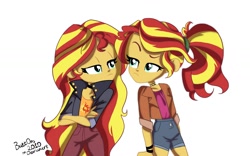 Size: 1600x1000 | Tagged: dead source, safe, artist:butt0ns2010, sunset shimmer, human, equestria girls, g4, duo, female, human sunset, ponytail, simple background, white background