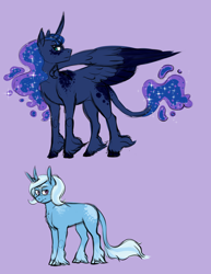 Size: 1280x1656 | Tagged: safe, artist:animalstamp, princess luna, trixie, alicorn, pony, unicorn, g4, colored wings, colored wingtips, leonine tail, looking at you, tail, two toned wings, unshorn fetlocks, wings