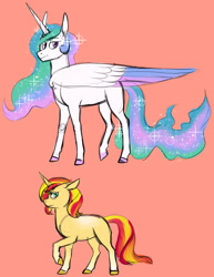 Size: 1280x1656 | Tagged: safe, artist:animalstamp, princess celestia, sunset shimmer, alicorn, pony, unicorn, g4, colored wings, colored wingtips, ears back, looking at you, smiling, sparkles, unamused, wings