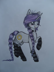Size: 1024x1366 | Tagged: safe, artist:dexterisse, oc, oc only, oc:windy, pony, unicorn, collar, collar ring, female, horn, mare, simple background, solo, traditional art, unicorn oc, white background