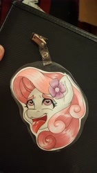 Size: 2988x5312 | Tagged: safe, artist:inkkeystudios, oc, oc only, human, pony, ahegao, badge, bust, eyes rolling back, female, flower, flower in hair, heart, heart eyes, irl, irl human, open mouth, open smile, photo, portrait, smiling, solo, tongue out, traditional art, wingding eyes