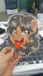 Size: 5312x2988 | Tagged: safe, artist:inkkeystudios, human, pony, unicorn, ahegao, badge, bust, eye clipping through hair, eyebrows, eyebrows visible through hair, heart, heart eyes, irl, irl human, male, open mouth, open smile, photo, portrait, smiling, solo, tongue out, traditional art, wingding eyes