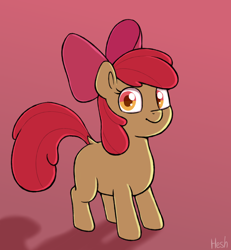 Size: 2032x2200 | Tagged: safe, artist:heretichesh, apple bloom, earth pony, pony, g4, apple bloom's bow, blank flank, bow, dock, female, filly, foal, gradient background, hair bow, high res, looking at you, ominous, signature, solo, tail