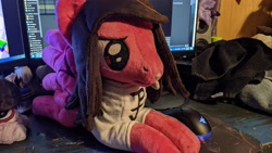Size: 3840x2160 | Tagged: safe, artist:bluedragonflyplush, photographer:lightningbolt, pegasus, pony, beanie (plushie), clothes, commission, high res, irl, lip piercing, lying down, male, mike fuentes, photo, pierce the veil, piercing, plushie, ponified, prone, shirt, spread wings, stallion, t-shirt, wings
