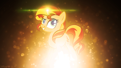 Size: 1920x1080 | Tagged: safe, artist:drakesparkle44, artist:strawberry-pannycake, edit, sunset shimmer, pony, unicorn, g4, circle, female, glowing, glowing horn, gradient background, horn, lighting, looking at you, mare, smiling, smiling at you, solo, wallpaper, wallpaper edit, watermark