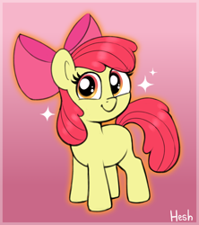 Size: 1920x2160 | Tagged: safe, artist:heretichesh, apple bloom, earth pony, pony, g4, adorabloom, apple bloom's bow, blank flank, bow, cute, eye clipping through hair, female, filly, foal, gradient background, hair bow, looking at you, smiling, smiling at you, solo, sparkles