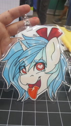 Size: 5312x2988 | Tagged: safe, artist:inkkeystudios, oc, oc only, human, pony, unicorn, ahegao, badge, bow, bust, hair bow, heart, heart eyes, irl, irl human, open mouth, open smile, photo, portrait, smiling, solo, teary eyes, tongue out, traditional art, wingding eyes