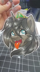 Size: 5312x2988 | Tagged: safe, artist:inkkeystudios, oc, oc only, human, pony, unicorn, ahegao, badge, bust, eyebrows, eyebrows visible through hair, eyes rolling back, heart, heart eyes, irl, irl human, jewelry, open mouth, open smile, photo, portrait, smiling, solo, tiara, tongue out, traditional art, wingding eyes