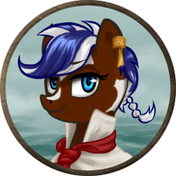 Size: 256x256 | Tagged: safe, artist:saby, derpibooru exclusive, oc, oc only, oc:navy neat, earth pony, pony, the last summer, blue eyes, bust, character token, clothes, coat markings, ear piercing, earring, female, jewelry, mare, neckerchief, piercing, pinto, pirate, popped collars, portrait, queue, roleplay illustration, shirt, smiling, solo, two toned mane
