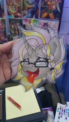 Size: 5312x2988 | Tagged: safe, artist:inkkeystudios, oc, oc only, human, pony, unicorn, ahegao, badge, braid, bust, curved horn, eyes rolling back, glasses, heart, heart eyes, horn, irl, irl human, open mouth, open smile, photo, portrait, smiling, solo, tongue out, traditional art, wingding eyes