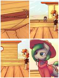 Size: 1242x1642 | Tagged: safe, artist:subjectnumber2394, oc, oc:copper wings, pegasus, pony, ask copper wings, ask, barrel, boat, clothes, colt, comic, female, foal, hat, male, mare, pier, river, ship, stallion, water, wingless