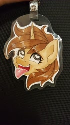 Size: 2988x5312 | Tagged: safe, artist:inkkeystudios, oc, oc only, pony, unicorn, ahegao, badge, bust, eyebrows, eyebrows visible through hair, eyes rolling back, heart, heart eyes, open mouth, open smile, photo, portrait, smiling, solo, tongue out, traditional art, wingding eyes