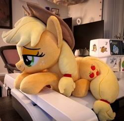 Size: 2048x2000 | Tagged: safe, artist:buttercupbabyppg, applejack, earth pony, pony, g4, applejack's hat, cowboy hat, female, hair tie, hat, high res, irl, lidded eyes, lying down, mare, photo, plushie, prone, solo