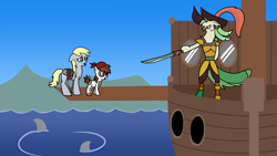 Size: 1920x1080 | Tagged: safe, artist:platinumdrop, captain celaeno, derpy hooves, pipsqueak, bird, earth pony, ornithian, pegasus, pony, shark, anthro, g4, amputee, bandana, beak, boat, bound wings, clothes, colt, commission, crying, ear piercing, earring, ears back, eyepatch, fear, feather, female, floppy ears, foal, hat, imminent death, jewelry, male, mare, ocean, open mouth, peg leg, piercing, pirate, pirate hat, pirate ship, plank, prosthetic leg, prosthetic limb, prosthetics, rope, scared, sky, sword, tears of fear, this will not end well, tied up, trio, water, weapon, window, wings