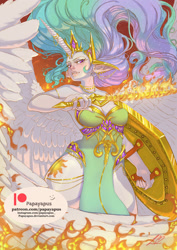 Size: 751x1063 | Tagged: safe, artist:papayapus, princess celestia, elf, human, g4, alicorn humanization, armor, badass, blushing, choker, clothes, crown, dress, elf ears, female, flaming sword, gritted teeth, horn, horned humanization, humanized, jewelry, necklace, patreon, patreon logo, pony coloring, regalia, ring, shield, solo, sword, teeth, warrior, warrior celestia, weapon, winged humanization