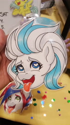 Size: 5312x2988 | Tagged: safe, artist:inkkeystudios, oc, oc only, human, pony, ahegao, badge, bust, eyes rolling back, heart, heart eyes, irl, irl human, open mouth, open smile, photo, portrait, smiling, solo, tongue out, traditional art, wingding eyes