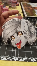 Size: 5312x2988 | Tagged: safe, artist:inkkeystudios, oc, oc only, human, pony, ahegao, badge, bust, eyebrows, eyebrows visible through hair, eyes rolling back, heart, heart eyes, irl, irl human, open mouth, open smile, photo, portrait, smiling, solo, tongue out, traditional art, wingding eyes