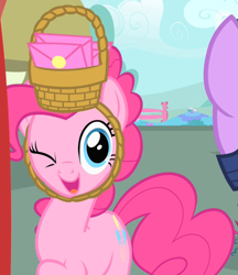 Size: 525x609 | Tagged: safe, screencap, pinkie pie, earth pony, pony, g4, party of one, season 1, ;d, basket, basket hat, candle, cropped, door, hat, offscreen character, one eye closed, open mouth, open smile, smiling, solo focus, wink