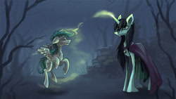 Size: 1000x563 | Tagged: safe, artist:elunian, oc, oc only, oc:dead naily, oc:grim, pegasus, pony, undead, unicorn, dramatic, duo, eyes closed, forest background, glowing, glowing horn, horn, necromancer