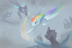 Size: 990x660 | Tagged: safe, artist:elunian, rainbow dash, changeling, pegasus, pony, g4, drone, female, fight, flying, mare, simple background, speedpaint