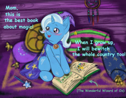 Size: 2898x2245 | Tagged: artist needed, safe, trixie, pony, unicorn, g4, baby, baby pony, book, child, childhood, dreamcatcher, female, filly, filly trixie, hat, high res, hilarious in hindsight, magic, magic wand, pillow, text, the wizard of oz, wizard, wizard hat, wizard robe, younger