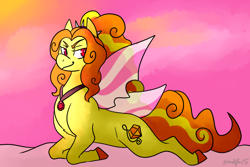 Size: 1280x853 | Tagged: safe, artist:animalstamp, adagio dazzle, pony, g4, colored hooves, disguise, disguised siren, equestria girls ponified, female, gem, hooves, lying down, mare, pink background, ponified, prone, simple background, siren gem, siren wings, solo