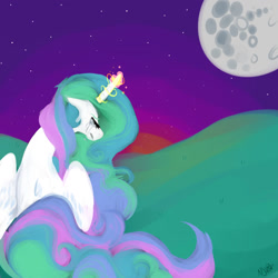 Size: 1024x1024 | Tagged: safe, artist:chandelurres, princess celestia, alicorn, pony, g4, crying, female, magic, mare, moon, solo