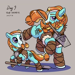 Size: 2048x2048 | Tagged: safe, artist:luanshanhun, rockhoof, earth pony, pony, g4, duo, high res, male, rockhoof's shovel, shovel, simple background, stallion