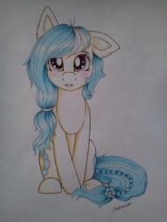 Size: 720x960 | Tagged: safe, artist:dexterisse, oc, oc only, oc:myosotis, female, mare, one ear down, simple background, solo, traditional art, white background