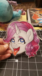 Size: 5312x2988 | Tagged: safe, artist:inkkeystudios, oc, oc only, human, pony, unicorn, ahegao, badge, bust, eyes rolling back, heart, heart eyes, irl, irl human, open mouth, open smile, photo, portrait, smiling, solo, tongue out, traditional art, wingding eyes