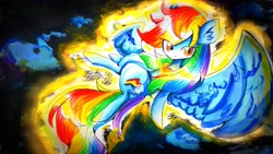 Size: 1920x1080 | Tagged: safe, artist:うめおにぎり, rainbow dash, pegasus, pony, g4, female, lying down, mare, on back, solo, spread wings, traditional art, wings