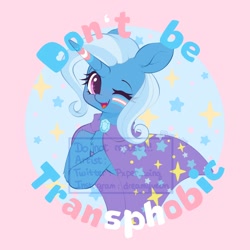 Size: 1500x1500 | Tagged: safe, artist:dreamyveon_, trixie, pony, unicorn, g4, cape, clothes, face paint, female, hat, lgbt, mare, one eye closed, pride, pride flag, solo, trans female, trans trixie, transgender, transgender pride flag, trixie's cape, trixie's hat, wink