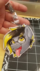 Size: 5312x2988 | Tagged: safe, artist:inkkeystudios, oc, oc only, pony, ahegao, badge, bust, eye clipping through hair, eyebrows, eyebrows visible through hair, eyes rolling back, glasses, heart, heart eyes, open mouth, open smile, photo, portrait, smiling, solo, tongue out, traditional art, wingding eyes