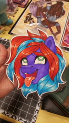 Size: 5312x2988 | Tagged: safe, artist:inkkeystudios, oc, oc only, pony, ahegao, badge, bust, eyebrows, eyebrows visible through hair, eyes rolling back, heart, heart eyes, open mouth, open smile, photo, portrait, smiling, solo, tongue out, traditional art, wingding eyes