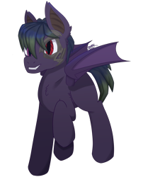 Size: 4016x4961 | Tagged: safe, artist:morrigun, oc, oc only, bat pony, pony, bat pony oc, bat wings, male, ponified, robot eye, signature, simple background, smiling, solo, stallion, transparent background, wings