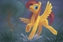 Size: 1000x667 | Tagged: safe, artist:elunian, oc, oc only, pegasus, pony, puddle, rain, solo, speedpaint, splash, spread wings, tongue out, wings