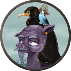 Size: 256x256 | Tagged: safe, artist:saby, derpibooru exclusive, oc, oc only, oc:triple-peg, bird, budgie, pony, the last summer, bags under eyes, bald, beard, bust, cataracts, character token, cormorant, ear piercing, earring, elderly, facial hair, floppy ears, hat, jewelry, male, moustache, old, pet, piercing, pirate, portrait, roleplay illustration, shoulder bird, sitting on person, sitting on pony, skinny, stallion, thin, torn ear, wrinkles