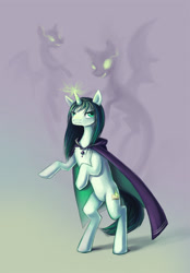 Size: 720x1033 | Tagged: safe, artist:elunian, oc, oc only, ghost, pony, undead, unicorn, cape, clothes, glowing, glowing eyes, glowing horn, horn, looking at you, necromancer, raised hooves, simple background, standing on two hooves