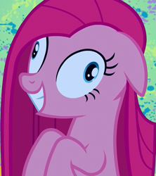 Size: 631x712 | Tagged: safe, screencap, pinkie pie, earth pony, pony, g4, party of one, season 1, abstract background, cropped, deranged, female, grin, insanity, mare, pinkamena diane pie, slasher smile, smiling, solo, wall eyed