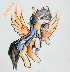 Size: 302x309 | Tagged: safe, artist:elunian, oc, oc only, oc:xanxus, pegasus, pony, angry, clothes, fiery wings, jacket, looking offscreen, scowl, solo, standing on two hooves, traditional art, wings