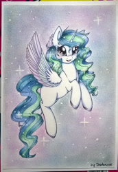 Size: 1024x1485 | Tagged: safe, artist:dexterisse, oc, oc only, oc:fassane, pegasus, pony, female, mare, pegasus oc, solo, starry background, traditional art