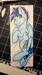 Size: 381x678 | Tagged: safe, artist:inkkeystudios, oc, oc only, oc:slipstream, pegasus, pony, body pillow, body pillow design, looking at you, one eye closed, photo, smiling, solo, traditional art, underhoof, wink, winking at you