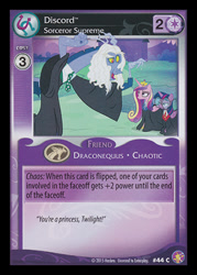 Size: 344x480 | Tagged: safe, enterplay, discord, princess cadance, twilight sparkle, absolute discord, g4, my little pony collectible card game, three's a crowd, ccg, clothes, cosplay, costume, doctor strange, harry potter (series), marvel, merchandise, severus snape, unamused, wizard robe